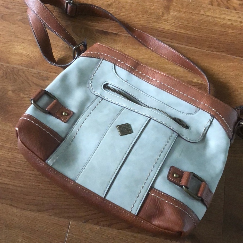 BOC Gray and brown crossbody leather bag with lots of pockets and lining.